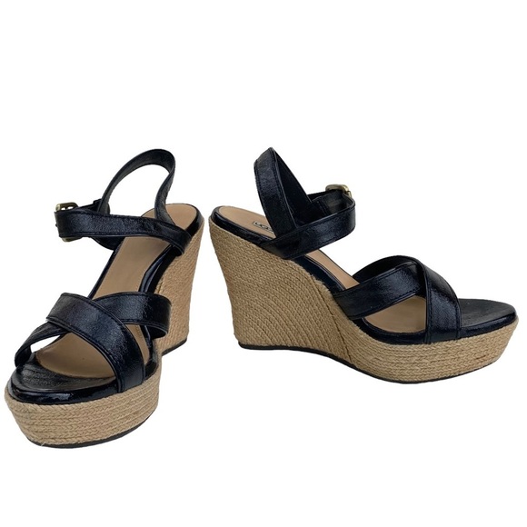 UGG Shoes - UGG Women’s Jacqueline Espadrille Black Patent Wedge Sandals, Ankle Strap Size 8